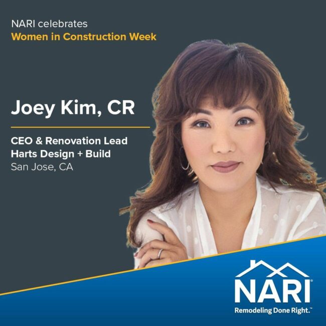 Joey Kim photographed with NARI overlay, "NARI celebrates Women in Construction Week"