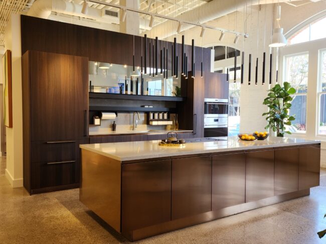 San Francisco Subzero showroom featuring a midcentury modern Bay Area kitchen in chocolate brown